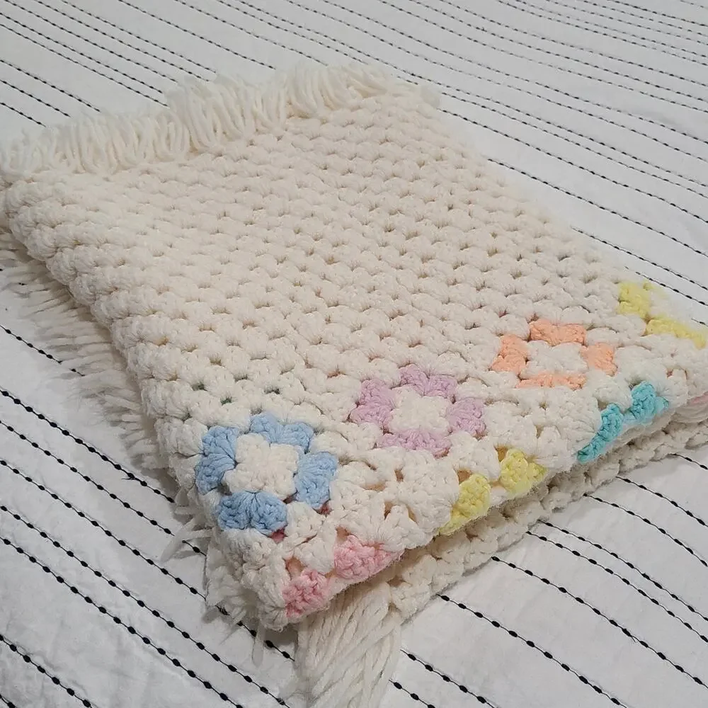 Vintage Cream Knit Lap Afghan Blanket with Colorful Flowers